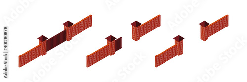 Brown metal gate vector illustration. Isometric red brick fence isolated on white background. 3D vector brickwork fence with columns. Metal and brick wall icon. Flat style. Vector illustration.