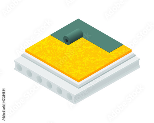 Vector illustration house roof system with heat insulation, waterproofing and vapor barrier isolated on white background.  Technical details of the roof of the house isometric icon in flat style. 3D.  photo