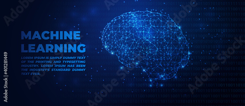 Machine learning concept. Low poly wireframe with human brain connected to a computer circuit board. Concept of future programming software and science. Artificial intelligence synced with human brain