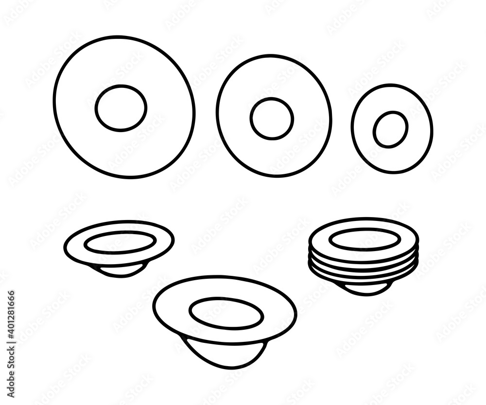 Doodle hand drawn plates set. Outline stack of plates isolated on white background. Cozy kitchen utensils, cute kitchenware, dishes for food, dinner, serving, cooking. Vector cafe, a cozy home Symbol Doodle hand drawn plates set. Outline stack of plates isolated on white background. Cozy kitchen utensils, cute kitchenware, dishes for food, dinner, serving, cooking. Vector cafe, a cozy home Symbol