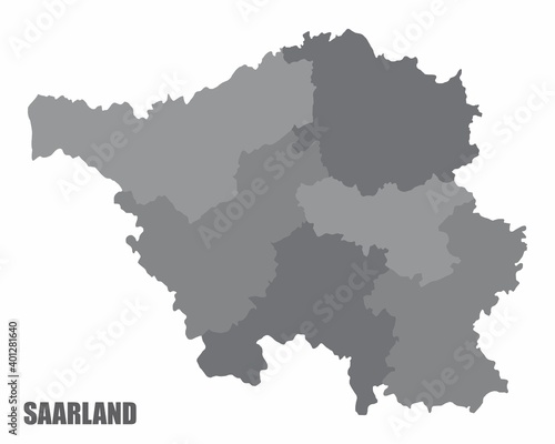 The Saarland isolated grayscale map divided in districts