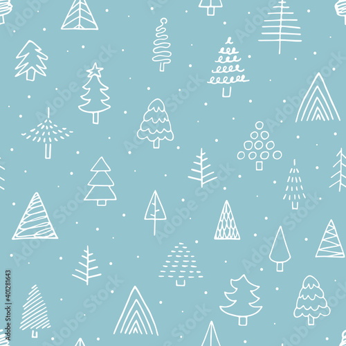 Seamless vector doodle New Year dot pattern. Hand-drawn white outline cute Christmas tree on blue background. Holiday fir trees illustration for wallpapers, posters, wrapping paper, winter snow print