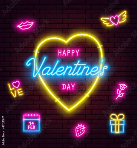 Valentine's Day neon sign on brick wall background. Banner, flyer, poster, greeting card with glowing Valentine's Day neon signs. Vector illustration