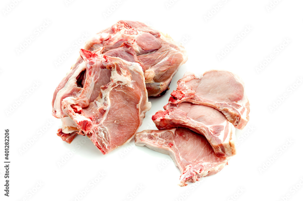 The fresh, raw pieces of pork on a white background close-up