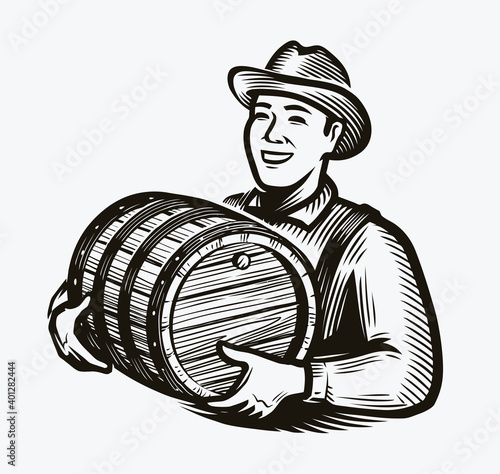 Farmer with wooden barrel of wine. Whiskey alcoholic drink sketch vintage vector illustration
