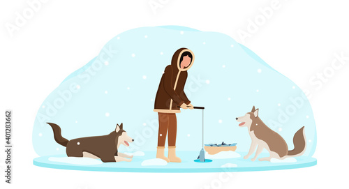 Eskimo wearing traditional clothes fishing wth dogs around. Alaska man pulling out fish on snow background. Flat cartoon vector illustration