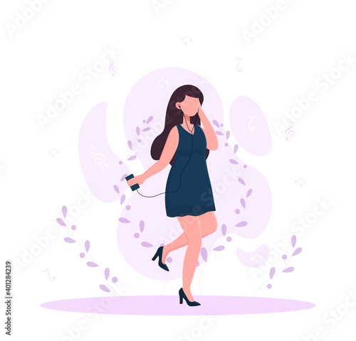 Girl listening to music and dancing on the go. Female character on the street. Concept of listening to favourite music that makes you want to dance. Flat cartoon vector illustration