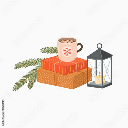 Christmas hand drawn vector illustration with presents, lantern, cocoa mug with marshmallows, spruce branch. Cute winter holiday clipart
