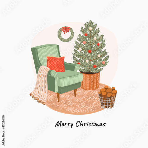 Winter and Christmas home interior vector illustration. Greeting card with Christmas tree, armchair, firewood