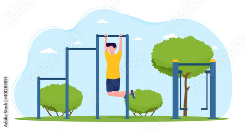 Male character is training outdoors in th park. Concept of outdoors workout in the summer instead of training at the gym. Flat cartoon vector illustration