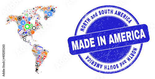 Development mosaic South and North America map and MADE IN scratched stamp seal. South and North America map collage designed from wrenches,cogs,instruments,items,vehicles, electric sparks,details.