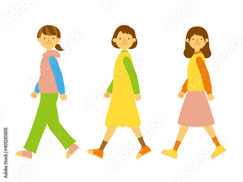 歩く女の子のイラスト セット