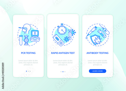 Covid testing types onboarding mobile app page screen with concepts. Antigen, antibody testing walkthrough 3 steps graphic instructions. UI vector template with RGB color illustrations
