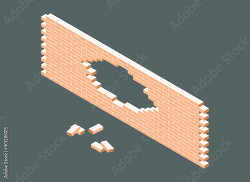 Isometric vector icon of broken white brick barrier. A vector illustration of a hole in a brick firewall. Cracked yellow brick wall isolated on gray background. Pile of bricks. 3D. Vector illustration