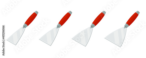 Colorful set of different size putty knifes vector icons. Isometric wall worker trowels isolated on white background. Spatula with a orange handle. Construction and scratcher tool. Vector illustration
