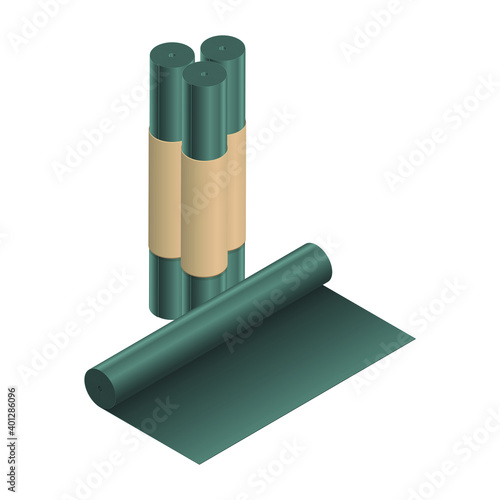 Rolls of black roof coating or bitumen isometric vector icon. Vector illustration rubber roofing membrane, EPDM or roofing felt  isolated on white background. Tar paper icon in flat style. 3D. 