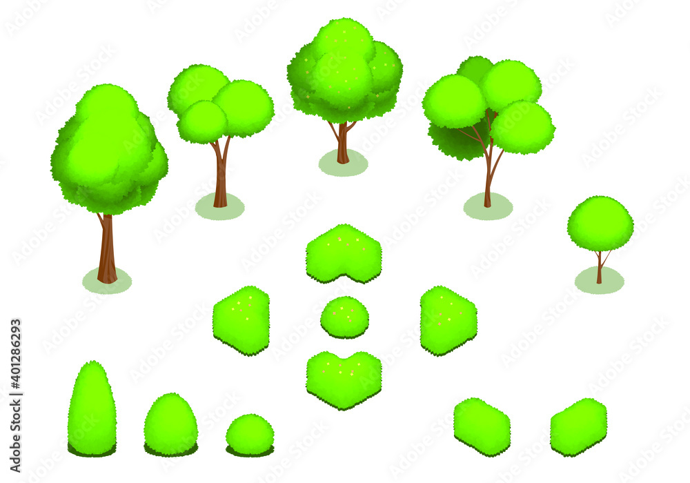 Realistic isometric set of park plants with green trees and bushes of various shapes isolated on white background. 3D trees icon. Set vector isometric trees forest nature elements for maps and games.