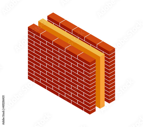 Vector illustration driving insulation brick wall. Isometric red brickwork isolated on white background. New red brick wall of the house icon for web. Thermal protection. Material for home repair. 3D.