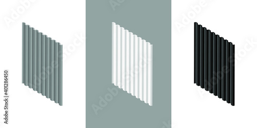 Galvanized iron sheets isometric vector icon. Corrugated roofing sheets isolated on white background. Black and white wavy slate. Metal roof, metal siding, profiled sheeting for covering or fencing.