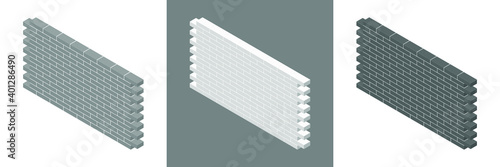 Set of grey brick walls with cement mortar isolated on white background. Gray brick wall. White brick wall. Black brick wall. Set of black and white isometric walls. Vector illustration. 3D.
