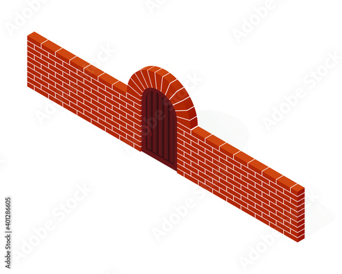 Colorful isometric stone architectural arch with door in flat style. Cartoon metal gate and brick wall icon. Vector illustration, red brick arch with brown metal gate isolated on a white background.