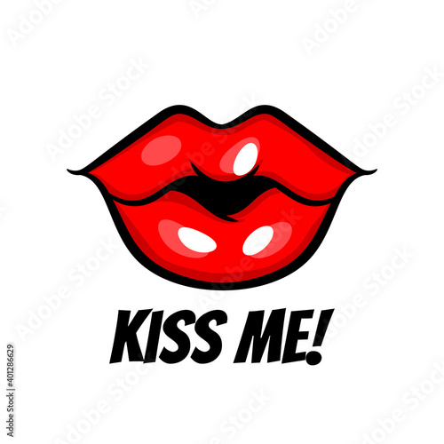 Kiss me red woman kiss lips in pop art style isolated on white background. Cartoon girl make up vector illustration. Vintage cartoon pop art of girl pink lips. Saint Valentines Day