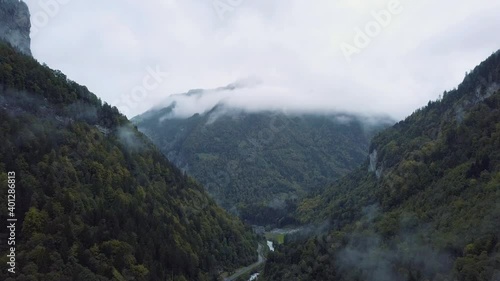Foggy mountains in the valley of Lauterbrunnen in Switzerland