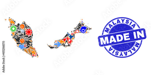 Development mosaic Malaysia map and MADE IN grunge stamp seal. Malaysia map mosaic designed with wrenches,cogs, tools,items,transports, electric sparks,details.