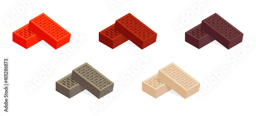 Cartoon vector flat illustration set of bricks. Realistic vector colorful brick icons isolated on white. 3D isometric vector brick icons for logo template, infographics and design games. Construction.