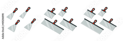 Isometric Vector illustrations of wall worker trowels isolated on white. Different size putty knives, vector icon set. Cartoon spatula with red and black plastic handle. Construction and scratcher too