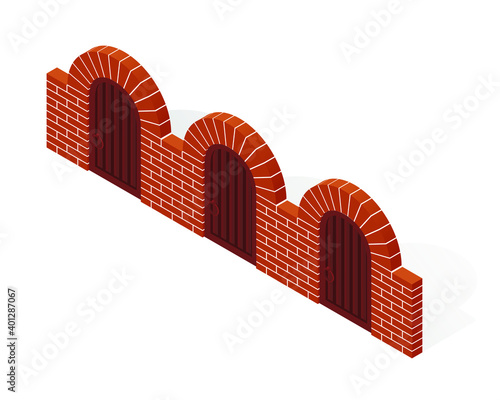 Colorful isometric stone architectural archs with doors in flat style. Cartoon metal gates icon. Vector illustration red brick archs with brown metal gates isolated on a white background.