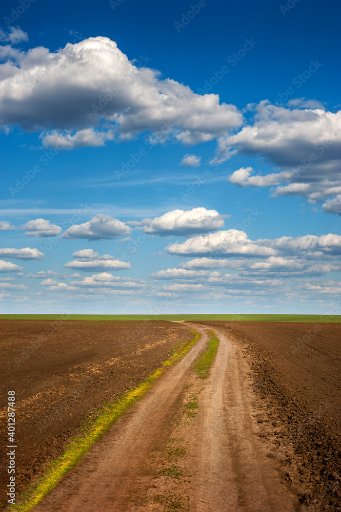 plowed field with dirt road in spring