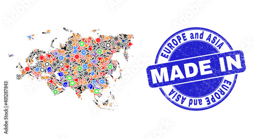 Service Europe and Asia map mosaic and MADE IN textured rubber stamp. Europe and Asia map mosaic designed from spanners,wheel,instruments,components,cars,power sparks,rockets.