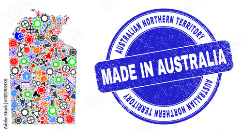 Production mosaic Australian Northern Territory map and MADE IN scratched stamp seal. Australian Northern Territory map composition created with wrenches,cogs,instruments,elements,cars,