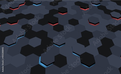 Dark hexagonal vector background. Gray mesh, honeycomb texture. Decoration in dark colors with highlighting of some honeycombs in red, blue. Futuristic look.