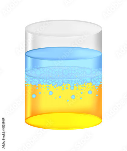 Vector scientific illustration of water in oil, two immiscible liquids. Illustration of emulsification in a beaker. A mixture of two liquids not yet emulsified isolated on a white background.