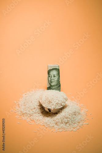 High angle of pile of rice in bowl with Chinese renminbi bill arranged on peach background in studio photo