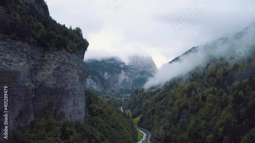 Foggy valley of Lauterbrunnen in the morning. Beautiful Switzerland.