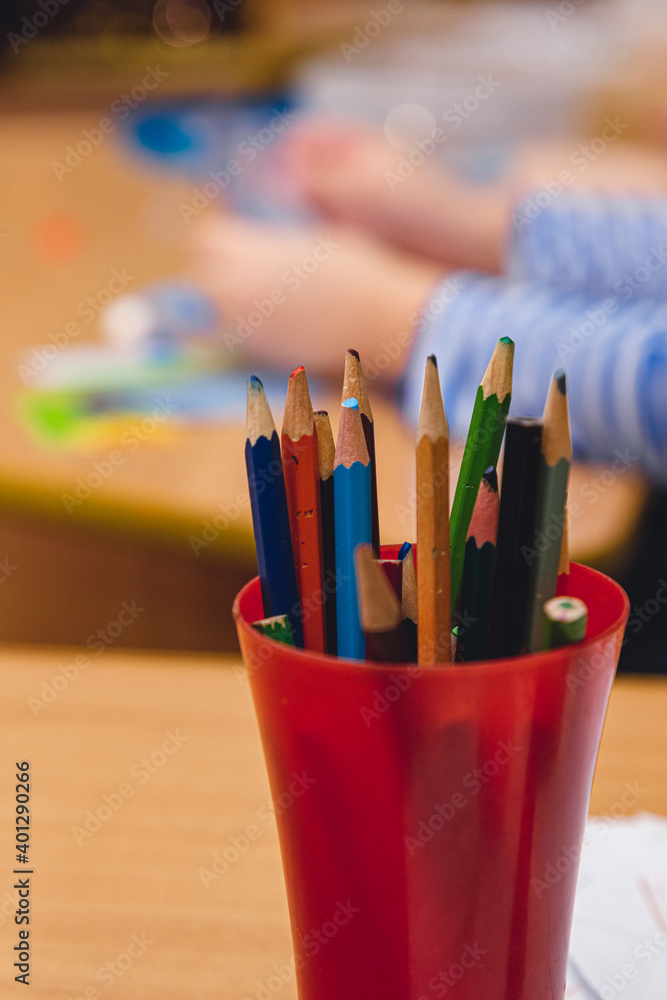 pencils on the table of the artist close-up pencils on the table of the artist close-up