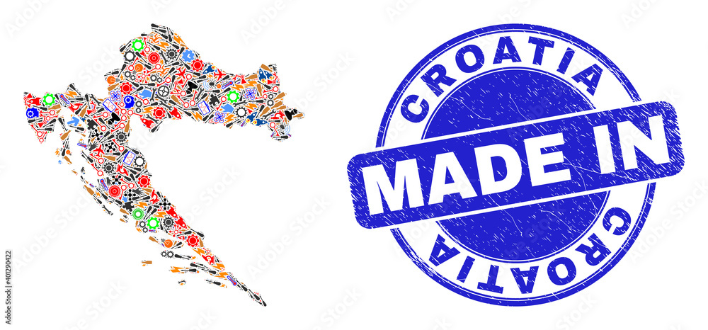 Production mosaic Croatia map and MADE IN distress rubber stamp. Croatia map mosaic composed from spanners,cogs, tools,elements,vehicles,power strikes,rockets. Production mosaic Croatia map and MADE IN distress rubber stamp. Croatia map mosaic composed from spanners,cogs, tools,elements,vehicles,power strikes,rockets.