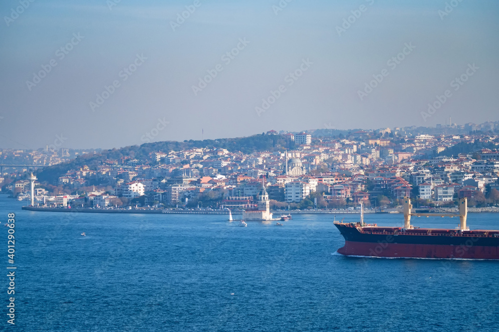 Beautiful panoramic view on Maiden's Tower and Istanbul, Turkey over Bosphorus