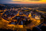 Aerial view of dawn over Old Town in Lublin, Poland