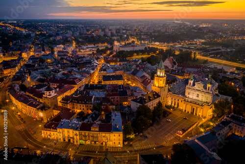 Aerial view of dawn over Old Town in Lublin, Poland