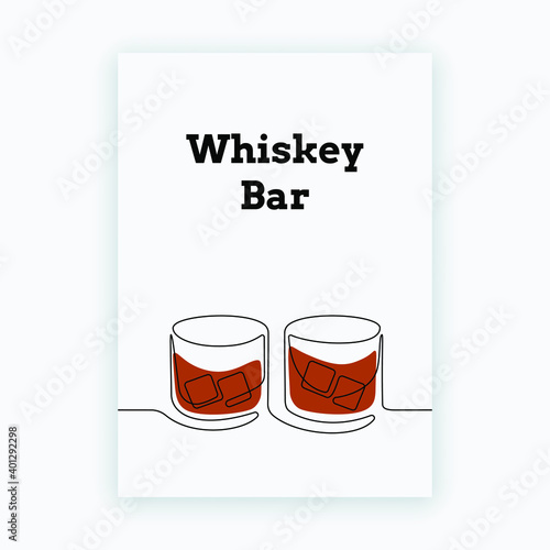 Whiskey glass one line drawing. Modern poster of hand drawn whiskey with rocks for bar restaurant logo. Minimalist vector illustration