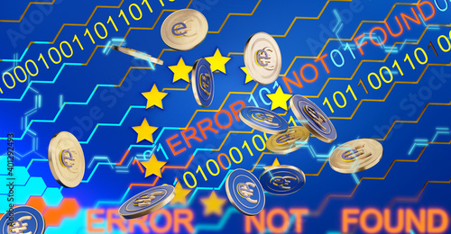 concept of digital error and the digital Euro, e-euro, hexagons creative background, coins 3d-illustration