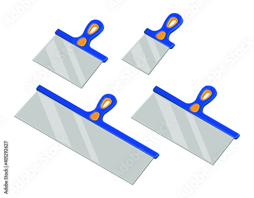 Cartoon spatula with blue and yellow plastic handle. Isometric vector illustration of wall worker trowel isolated on white. Different size putty knives vector icon set. Construction and scratcher tool