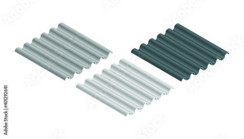 Metal roof, metal siding, Profiled sheeting for covering or fencing. Galvanized iron isometric sheets, vector icons. Corrugated roofing sheets isolated on white background. Black and white wavy slate.
