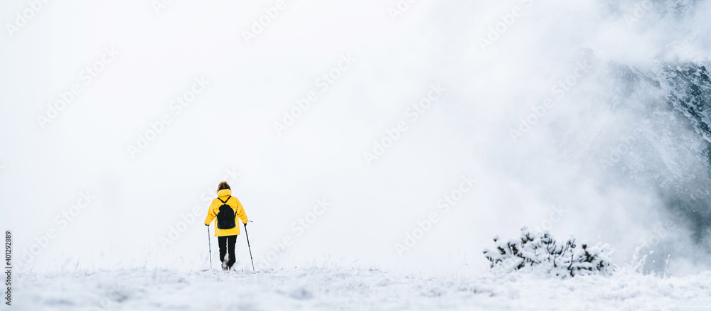 Back view of anonymous hiker with trekking poles walking on snowy ground in Pyrenees mountains in Andorra Back view of anonymous hiker with trekking poles walking on snowy ground in Pyrenees mountains in Andorra