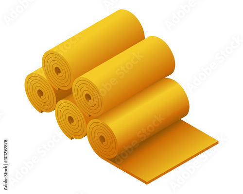 Mineral wool flat vector icon. Rolls of fiberglass insulation material isolated on white background. Vector illustration rock wool insulator for heat cold protection. 3D cartoon glass wool rolls icon.