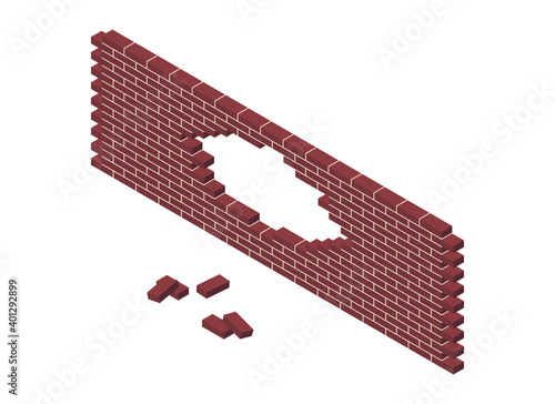 A vector illustration of a hole in a brick firewall. Isometric vector icon of broken brown brick barrier. Cracked brown brick wall isolated on white background. Pile of bricks. 3D. Vector illustration